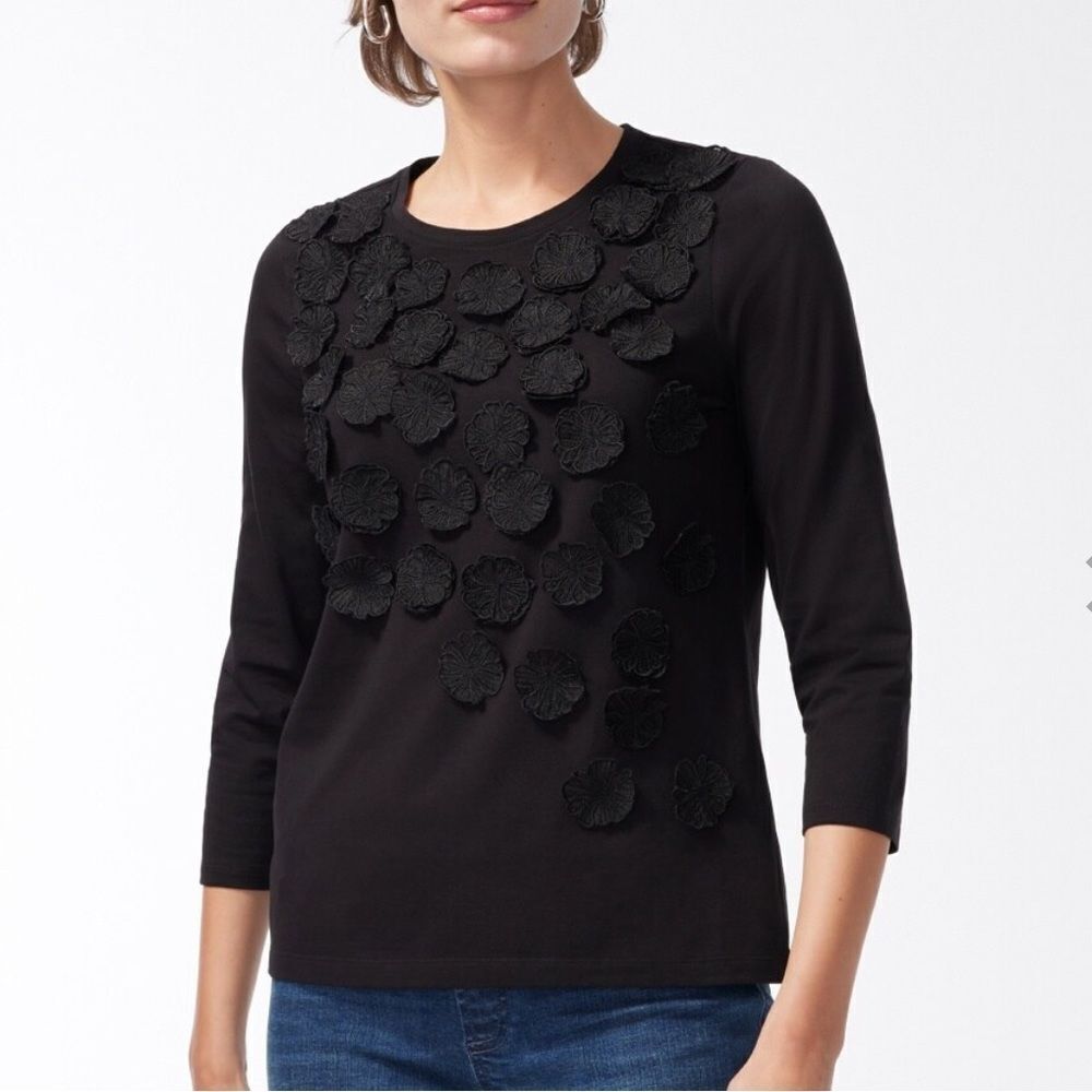 Chico’s‎ 3D Floral Applique Tee Black Size 4 NWT in packaging
